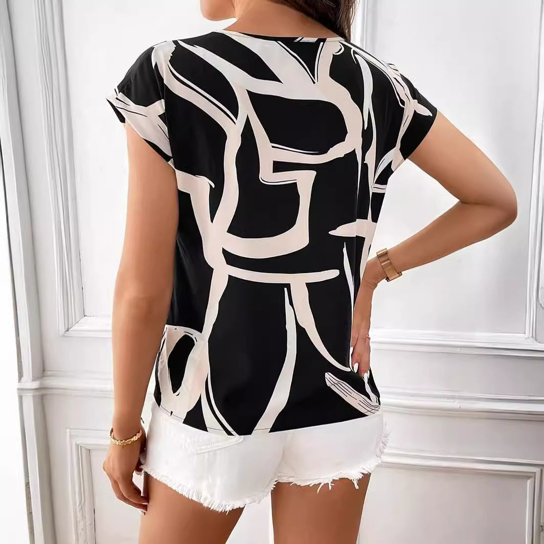 Women’s Shoulder Short Sleeve Printed Shirt