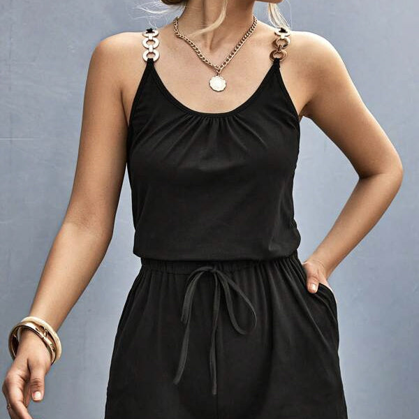 Ladies’ Solid Color Chain Decoration Front Knot Suspender Pleated Detail Vest Slanted Pocket Short Lace Up Jumpsuit - 5