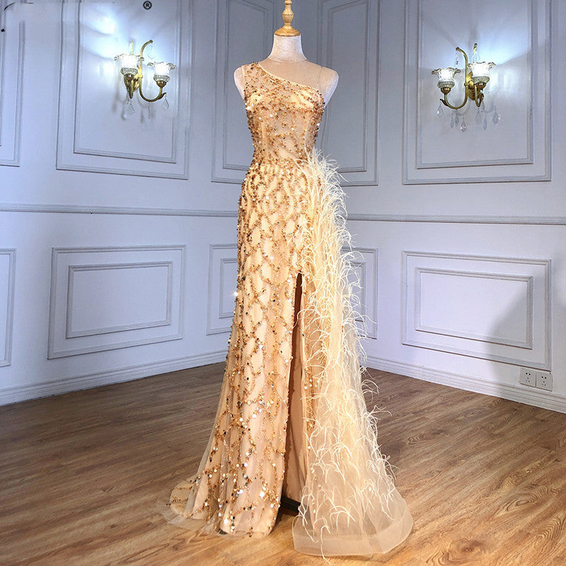 Slim Fit Fishtail Slit Long Banquet Evening Dress - Gold / XS