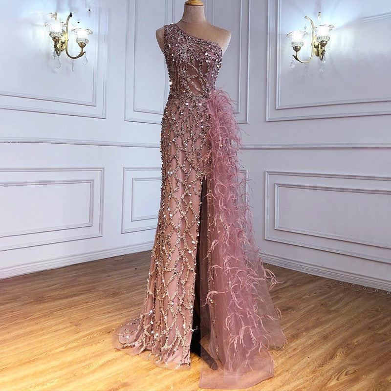 Slim Fit Fishtail Slit Long Banquet Evening Dress - Pink / XS