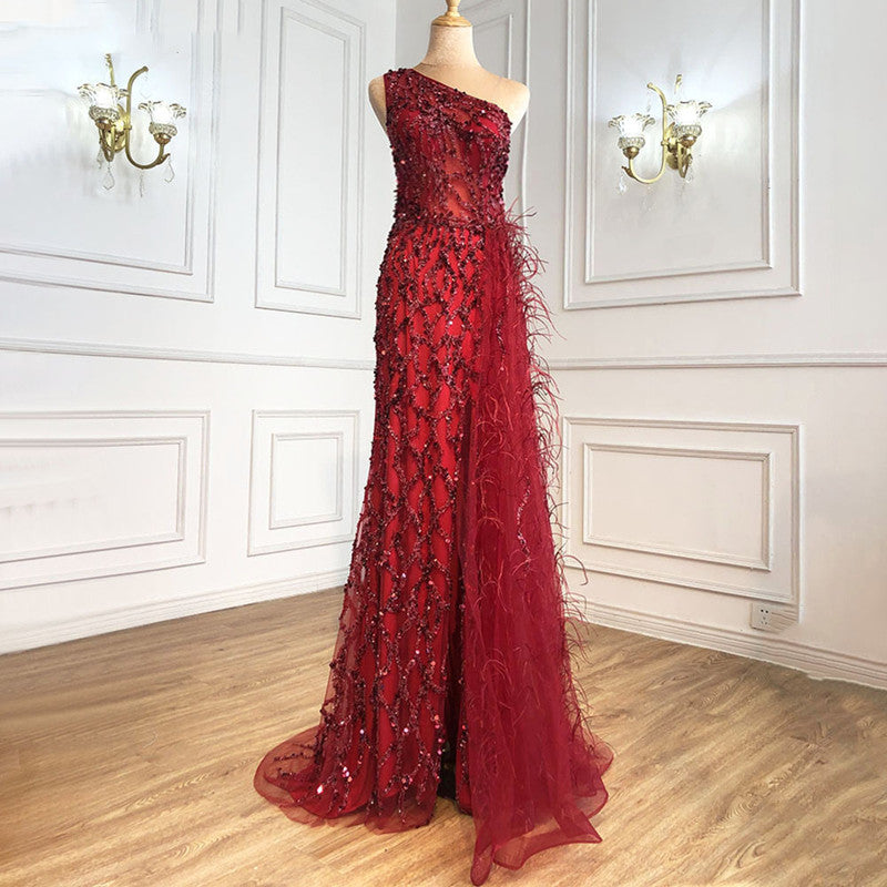 Slim Fit Fishtail Slit Long Banquet Evening Dress - Wine Red / XS