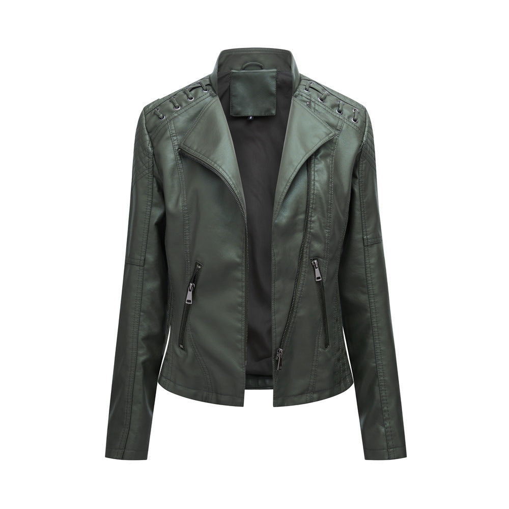 Slim Fit Thin Leather Coat Women’s Motorcycle Clothing - Army Green / S