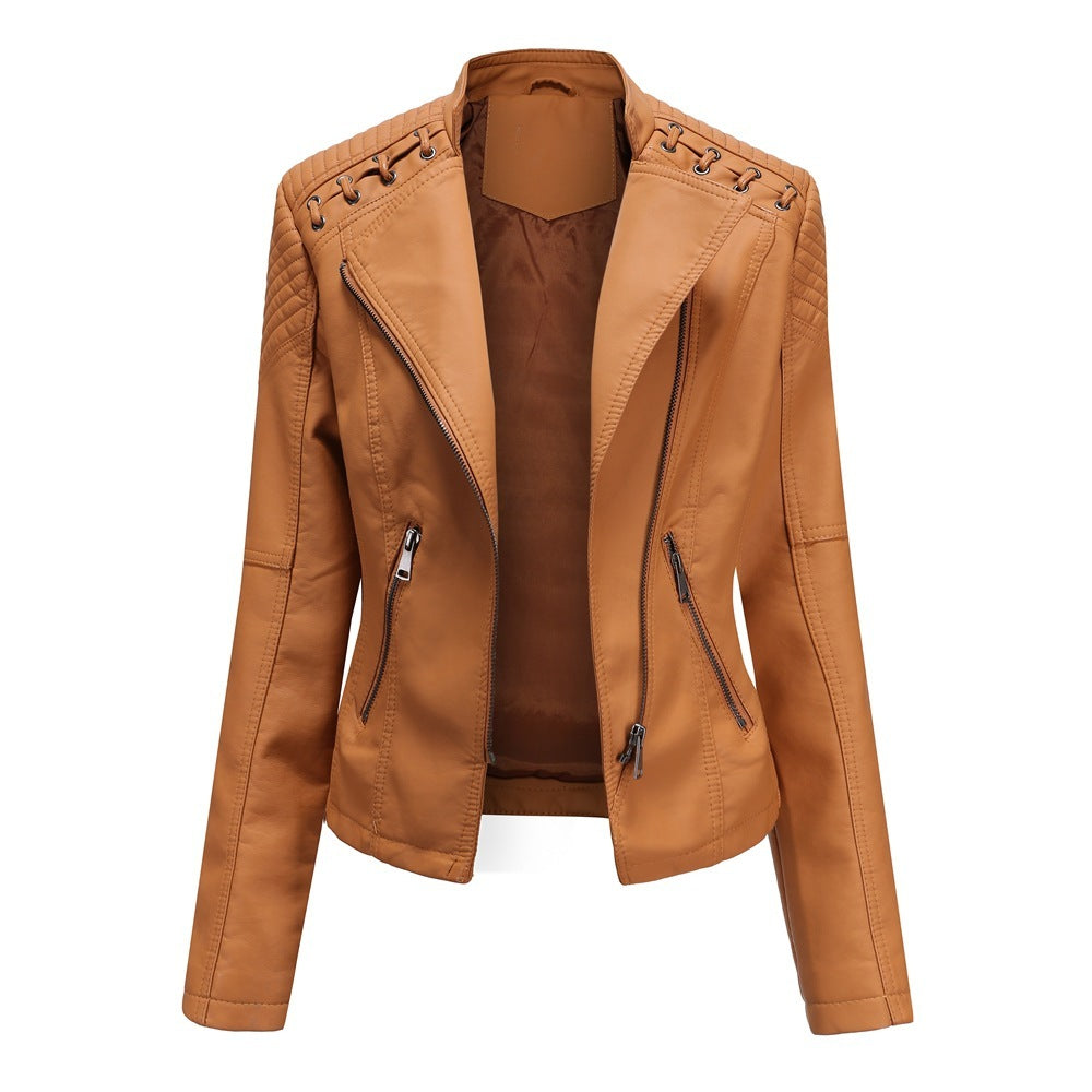 Slim Fit Thin Leather Coat Women’s Motorcycle Clothing - Camel / S