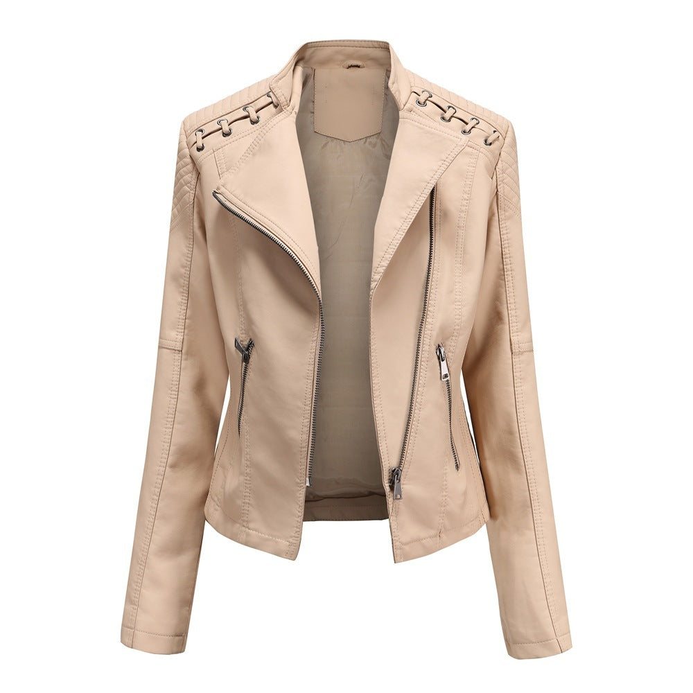 Slim Fit Thin Leather Coat Women’s Motorcycle Clothing - Khaki / S