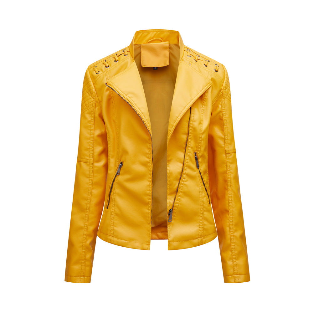 Slim Fit Thin Leather Coat Women’s Motorcycle Clothing - Lemon Yellow / S