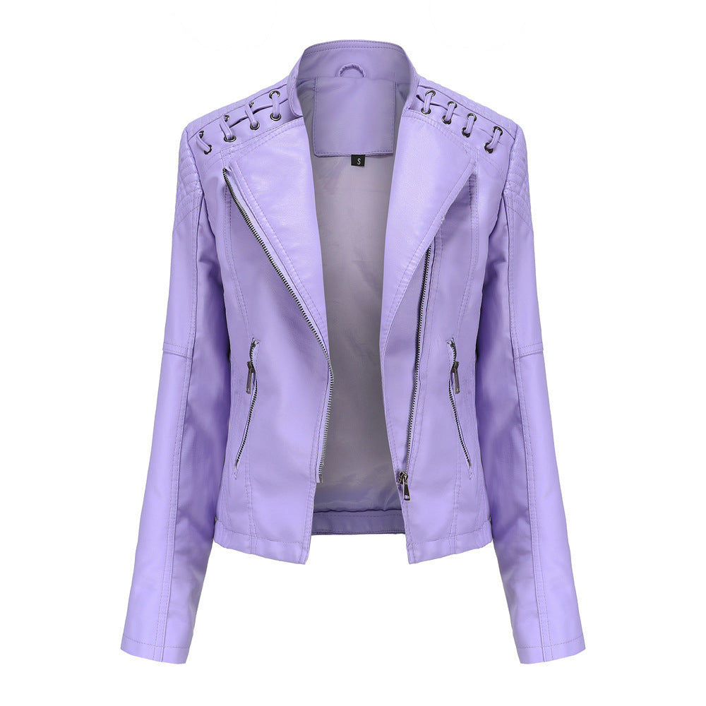 Slim Fit Thin Leather Coat Women’s Motorcycle Clothing - Light Platycodon Grandiflorum / S