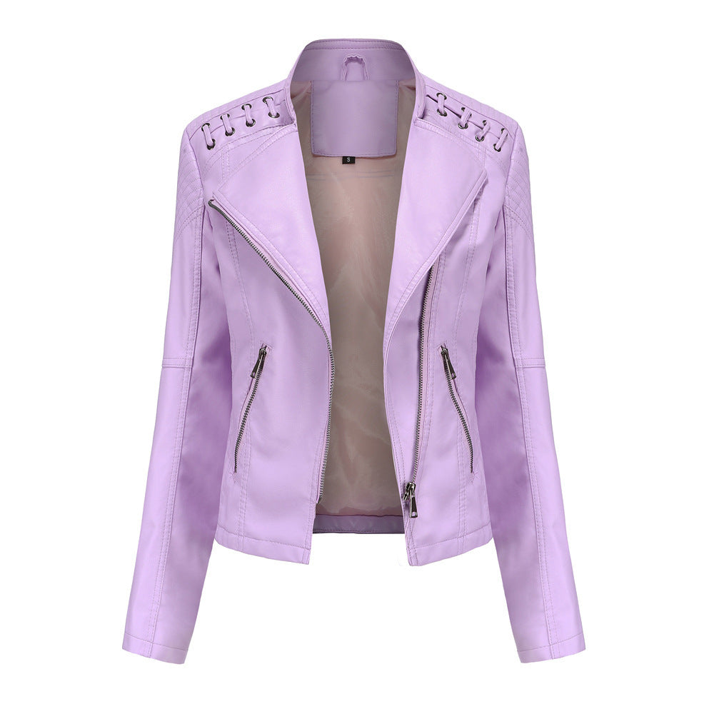 Slim Fit Thin Leather Coat Women’s Motorcycle Clothing - Light Cherry Pink 7 / S