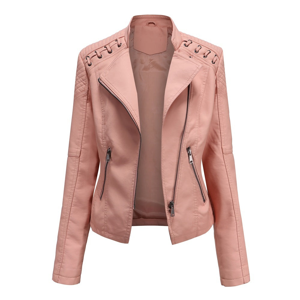 Slim Fit Thin Leather Coat Women’s Motorcycle Clothing - Pink / S