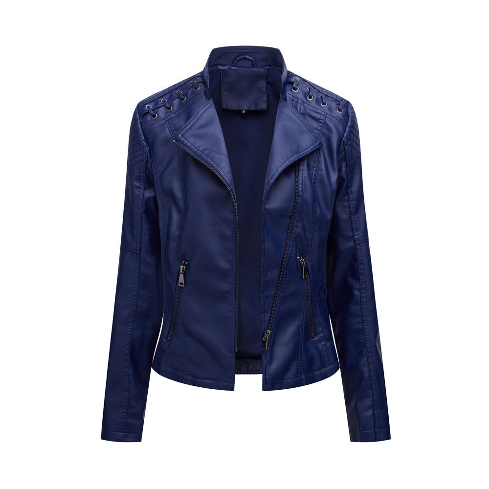 Slim Fit Thin Leather Coat Women’s Motorcycle Clothing - Purplish Blue / S