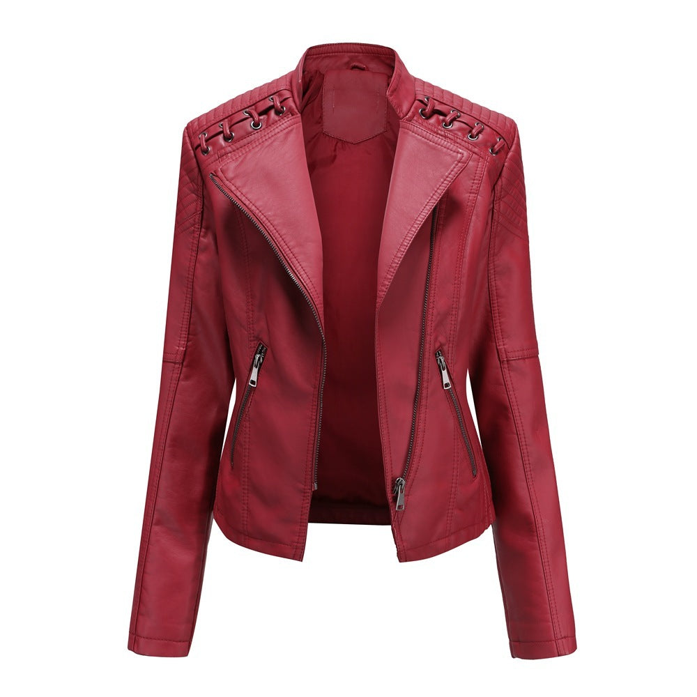 Slim Fit Thin Leather Coat Women’s Motorcycle Clothing - Red / S