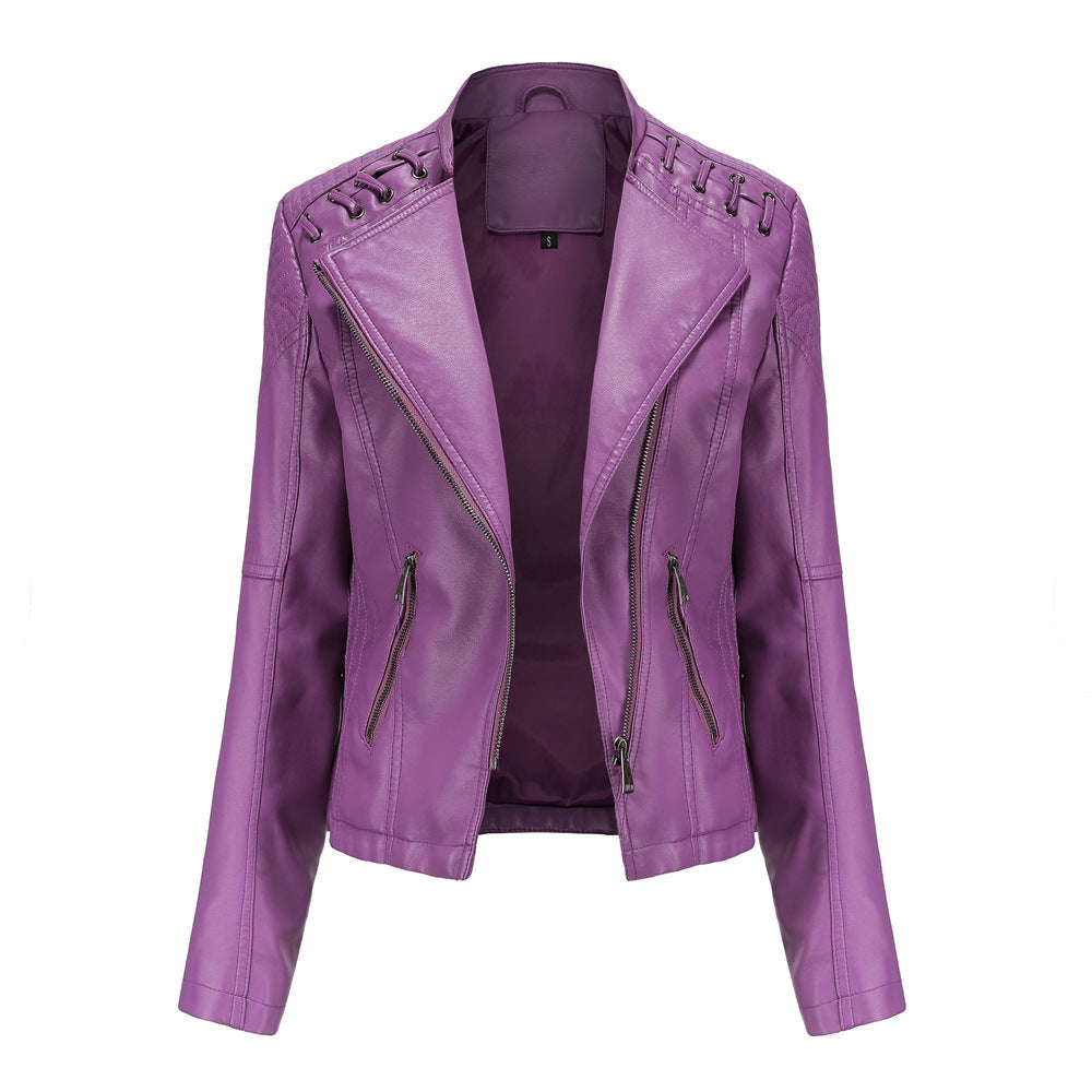 Slim Fit Thin Leather Coat Women’s Motorcycle Clothing - Violet 9 / S