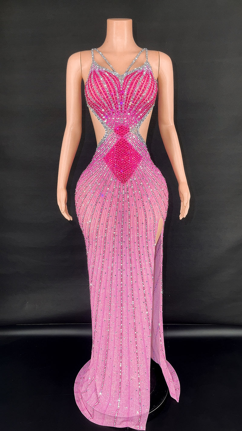 Sling Super Shiny Light Diamond Cinched Bodycon Sleeveless Dress Party Performance Stage Performance Dress - Rose Red
