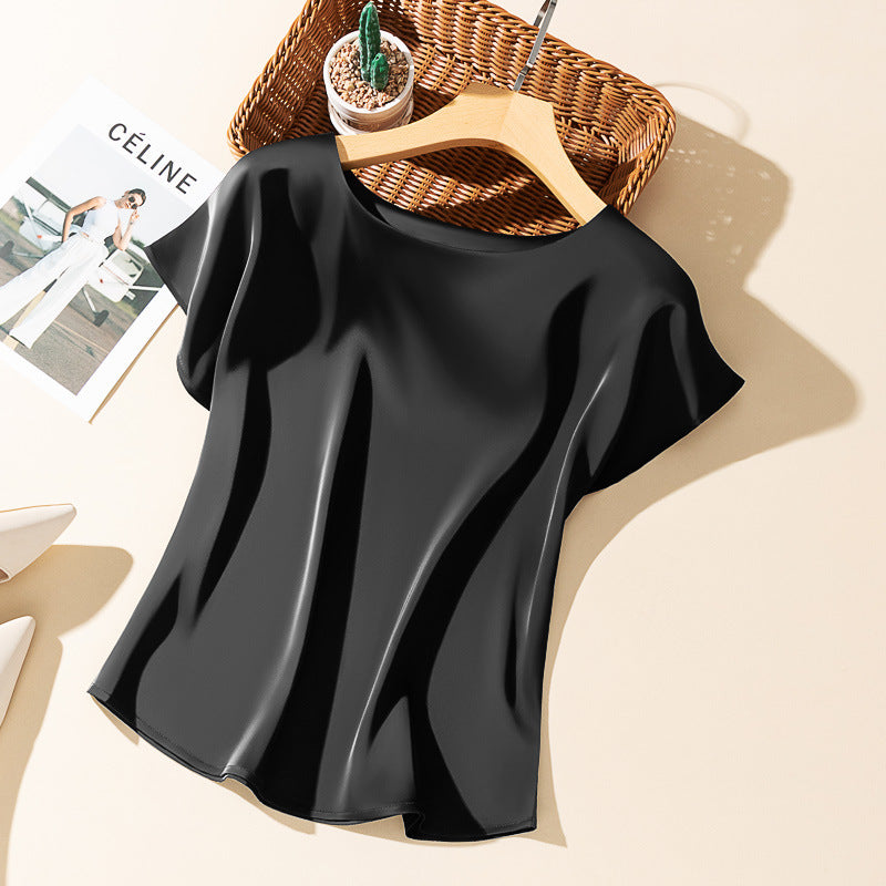 Silky Acetate Satin Round Neck T-shirt For Women - 2028 Black / S