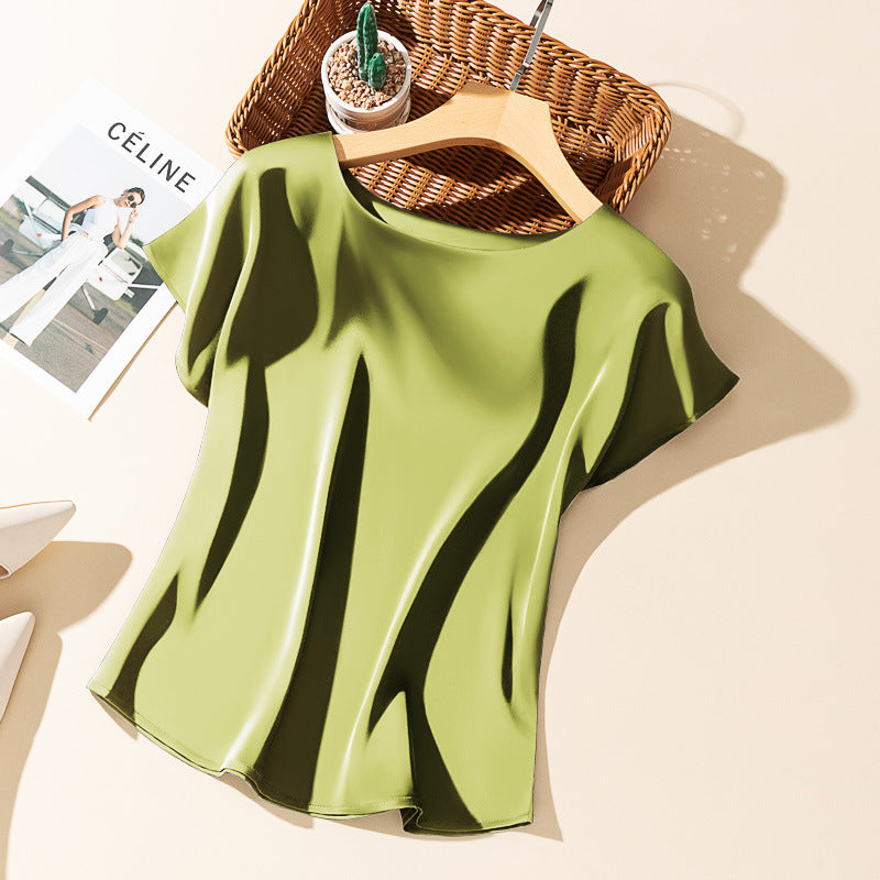 Silky Acetate Satin Round Neck T-shirt For Women - 2028 Fruit Green / S