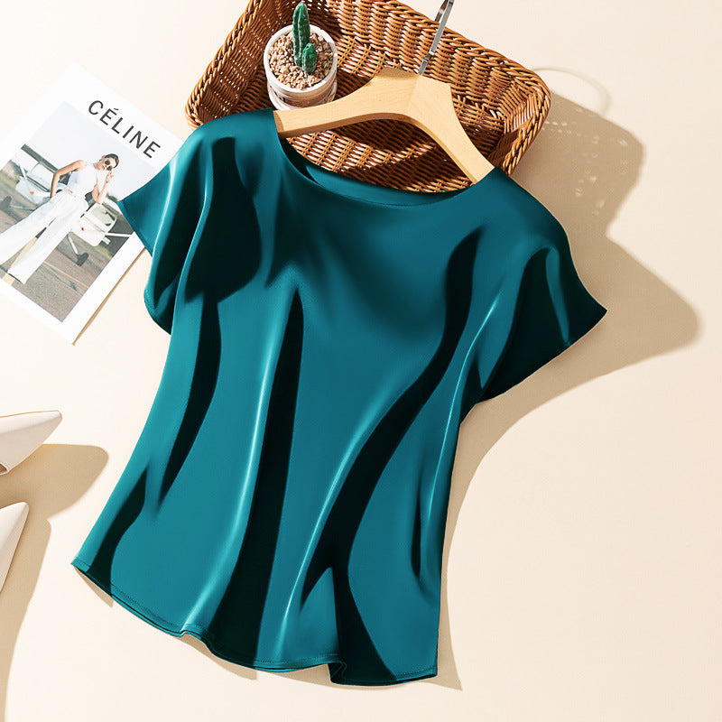 Silky Acetate Satin Round Neck T-shirt For Women - 2028 Peacock Green / S