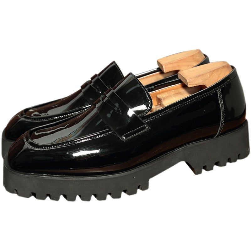 Black patent leather lug sole loafers from Slip-on Square-toed Black Patent Leather Men’s Trendy Shoes, perfect for luxury fashion for all
