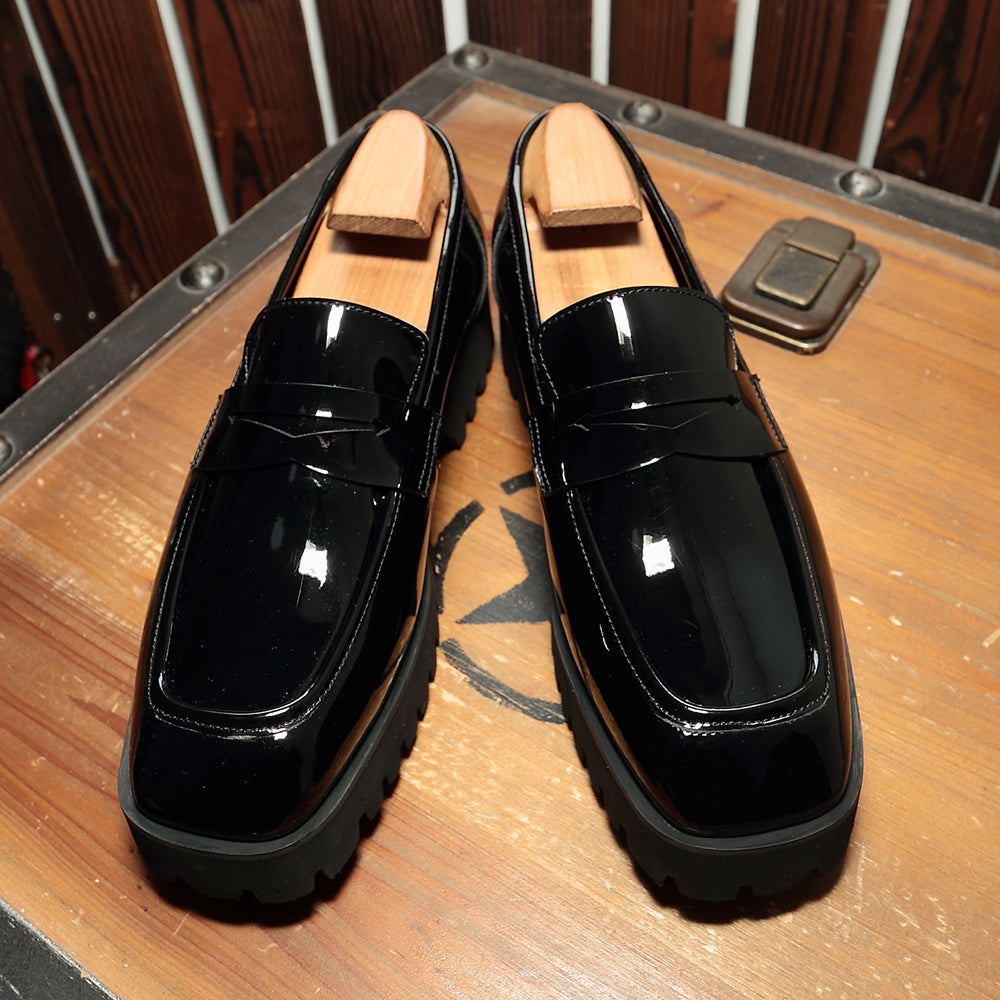 Shiny black platform loafers from Slip-on Square-toed Black Patent Leather Men’s Trendy Shoes, perfect for luxury fashion for all