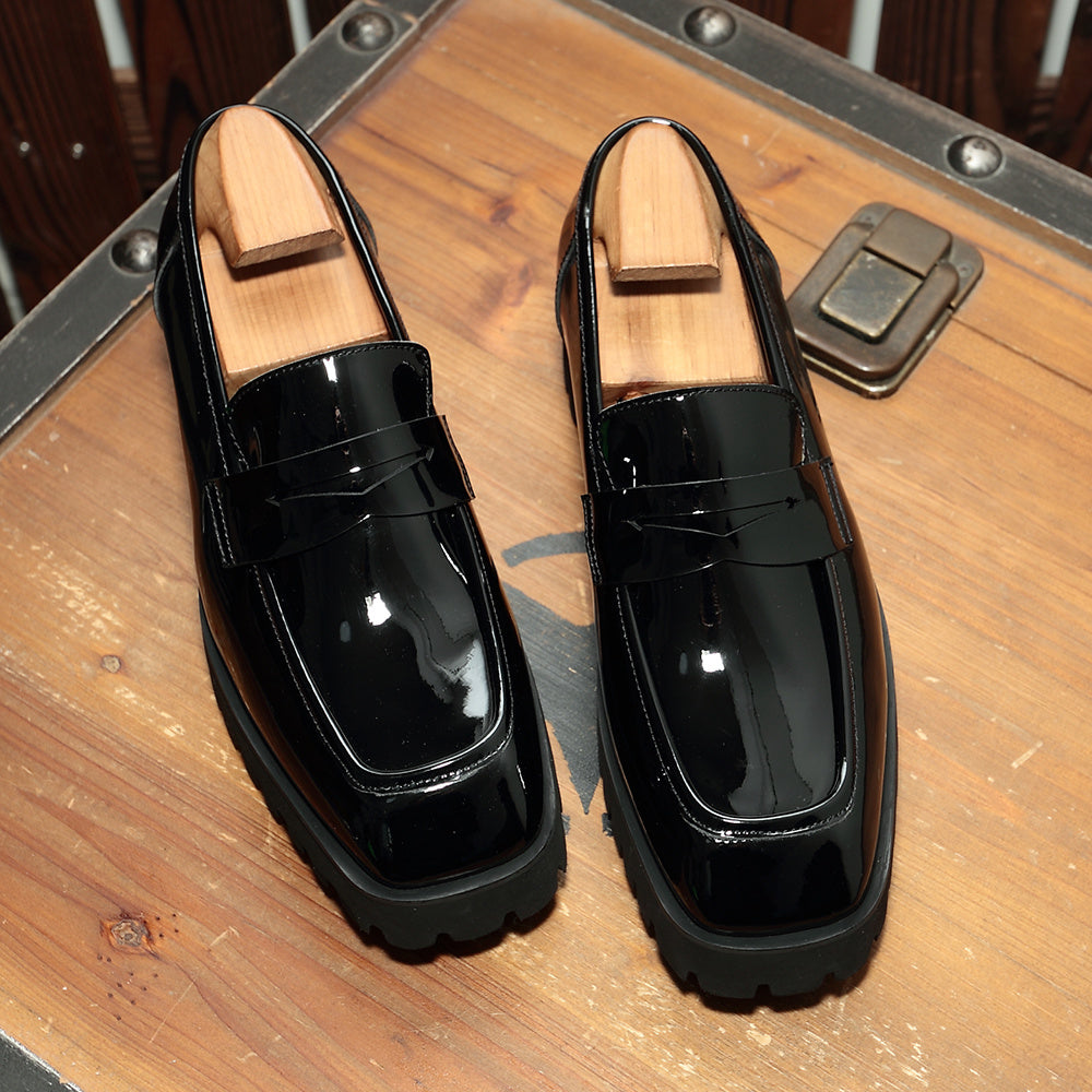 Shiny black penny loafers from Slip-on Square-toed Black Patent Leather Men’s Trendy Shoes, perfect for luxury fashion for all