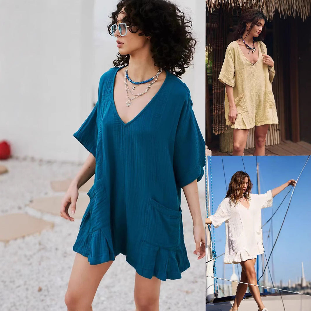 New Slub Cotton Ruffled V-neck Pocket Beach Sun Protection Blouse For Women
