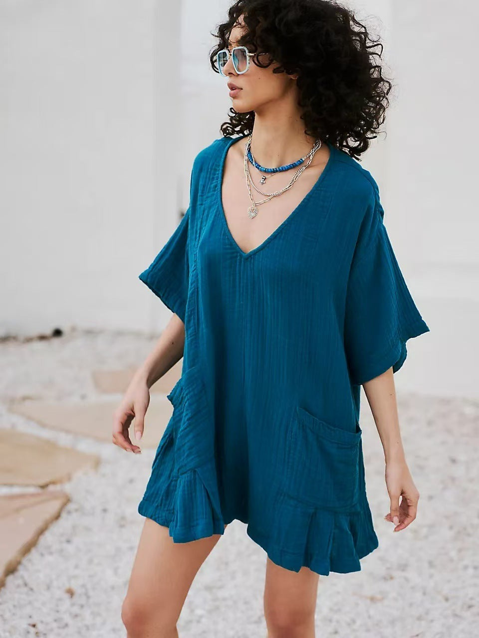 New Slub Cotton Ruffled V-neck Pocket Beach Sun Protection Blouse For Women - Sea Blue / S