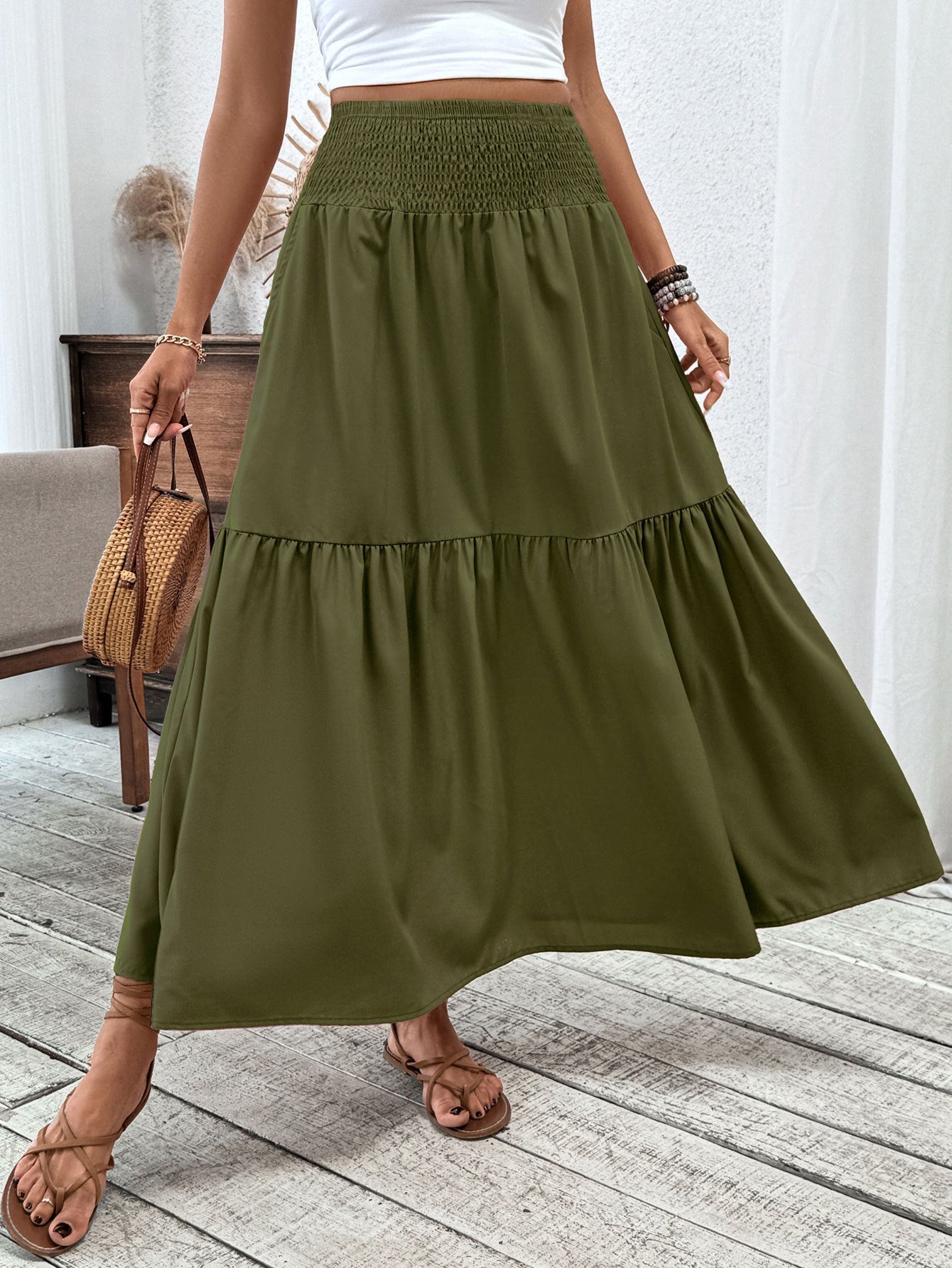 Small Floral Three-layer Long Patchwork Skirt - Army Green / S