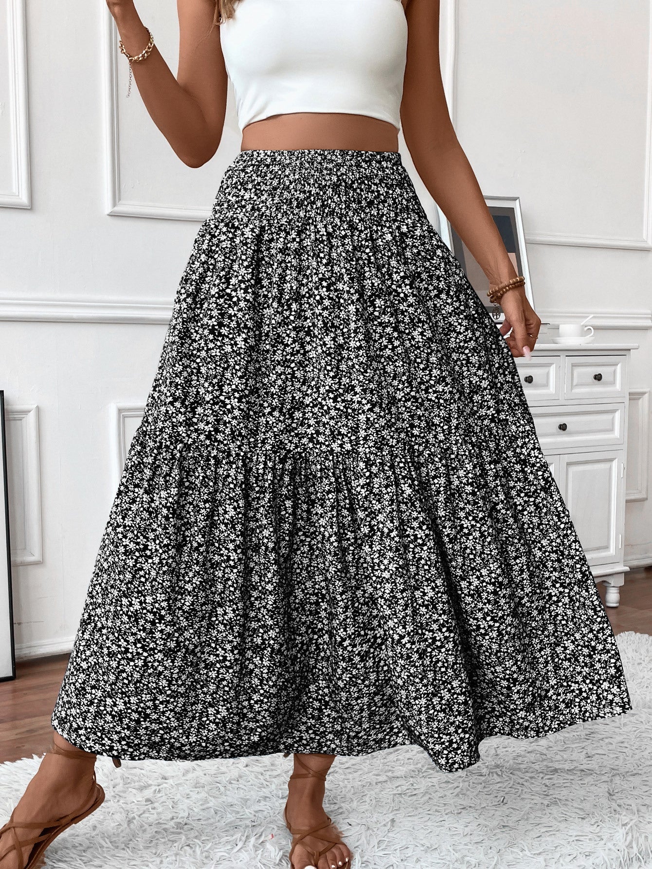 Small Floral Three-layer Long Patchwork Skirt - Black Flower / S