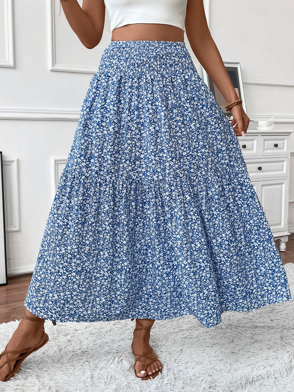 Small Floral Three-layer Long Patchwork Skirt - Blue Flower / S