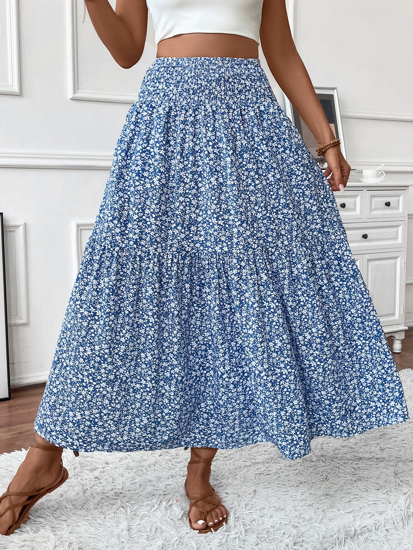 Small Floral Three-layer Long Patchwork Skirt - Blue Flower / S