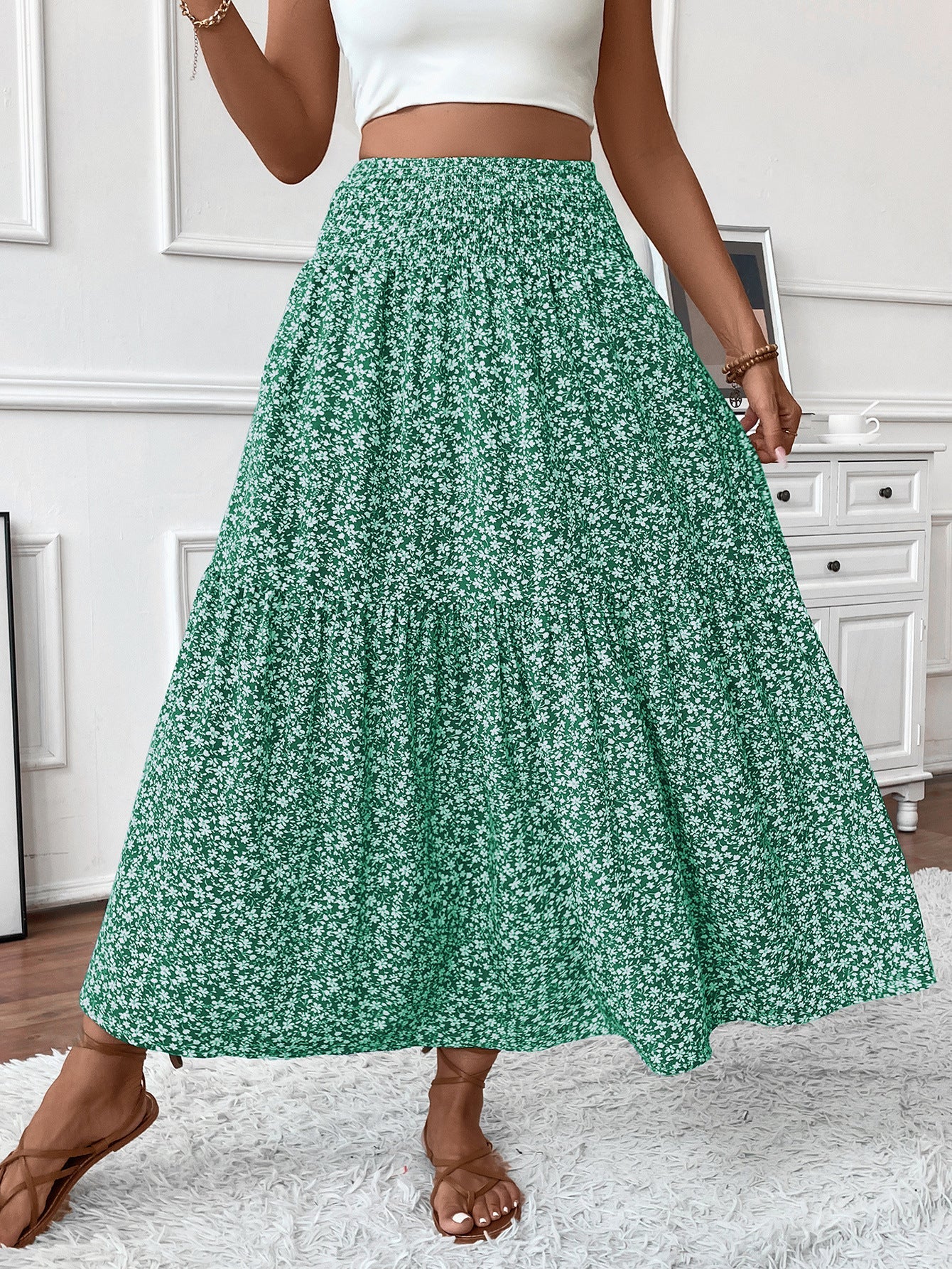 Small Floral Three-layer Long Patchwork Skirt - Green Flower / S