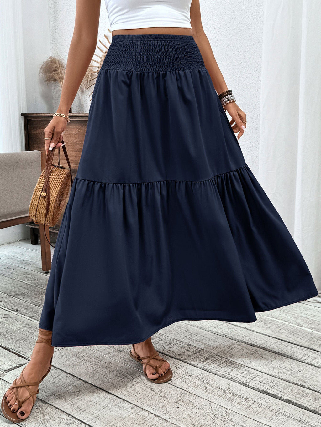 Small Floral Three-layer Long Patchwork Skirt - Navy Blue / S