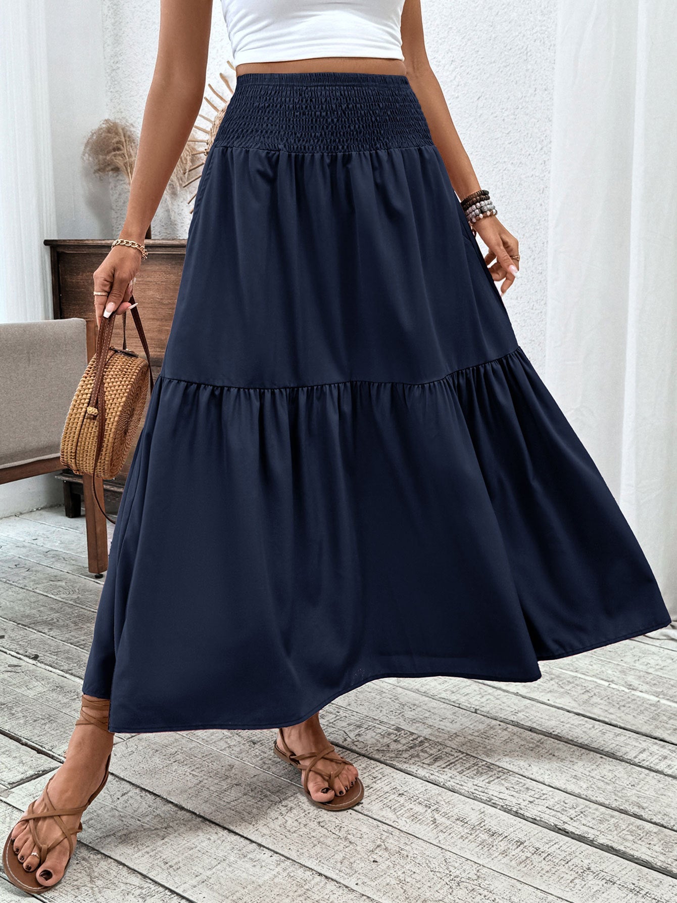 Small Floral Three-layer Long Patchwork Skirt - Navy Blue / S