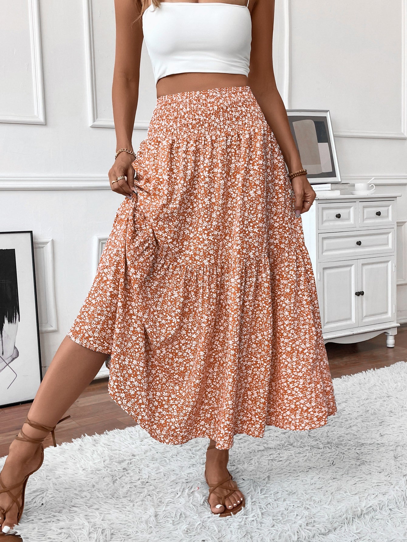 Small Floral Three-layer Long Patchwork Skirt - Organge Flower / S