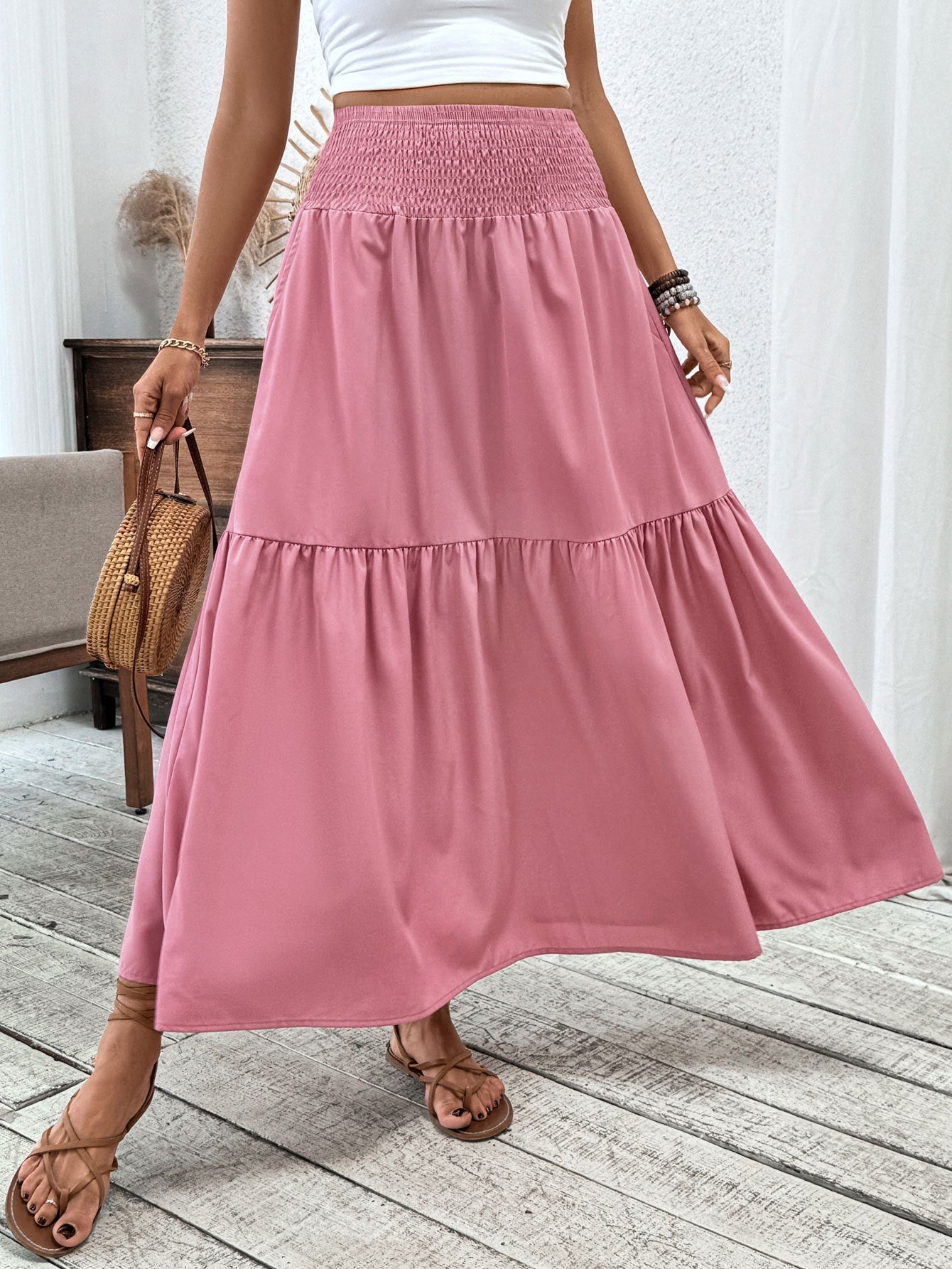 Small Floral Three-layer Long Patchwork Skirt - Pink / S