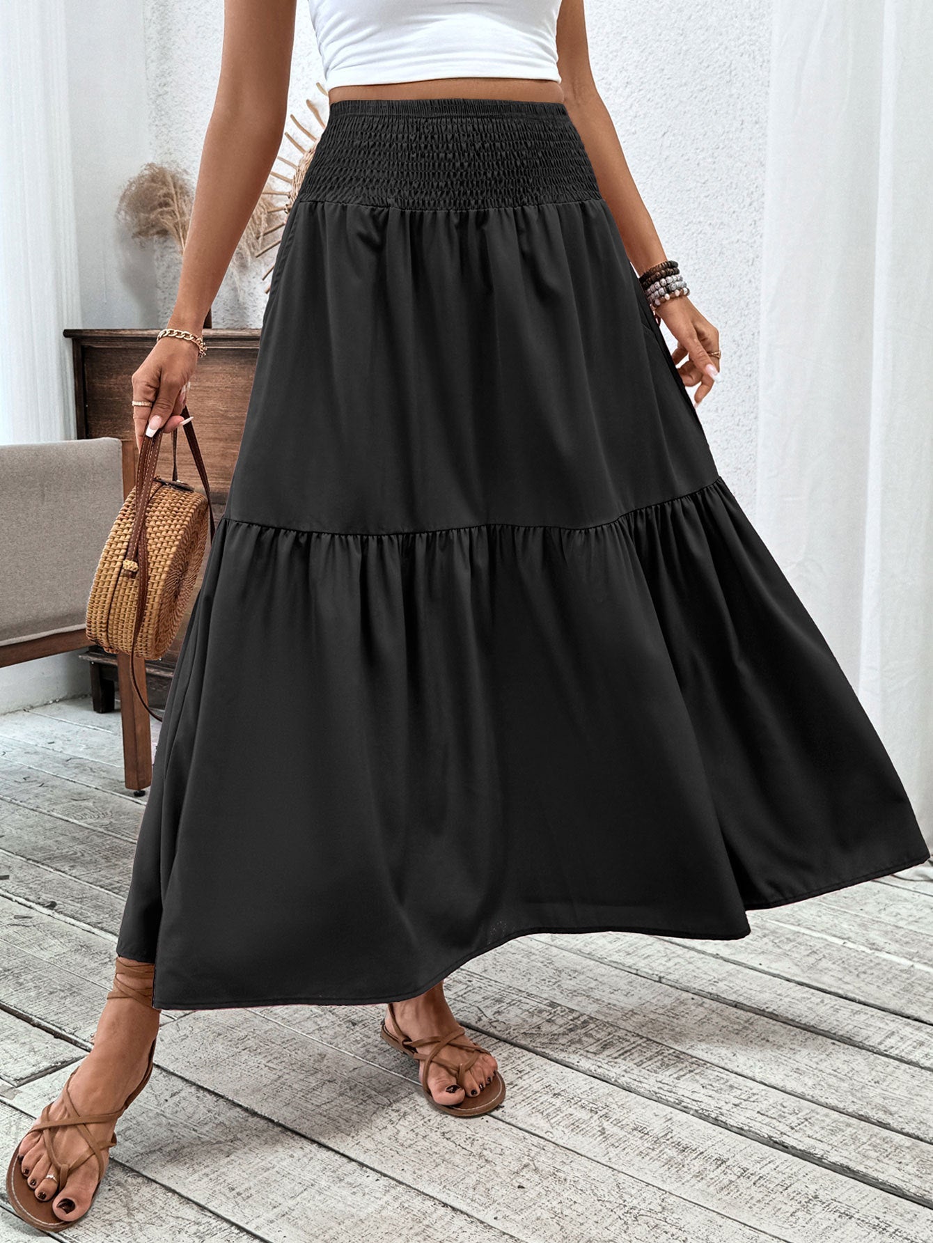 Small Floral Three-layer Long Patchwork Skirt - Pure Black / S