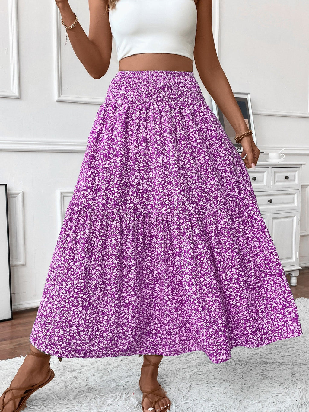 Small Floral Three-layer Long Patchwork Skirt - Purple Flower / S