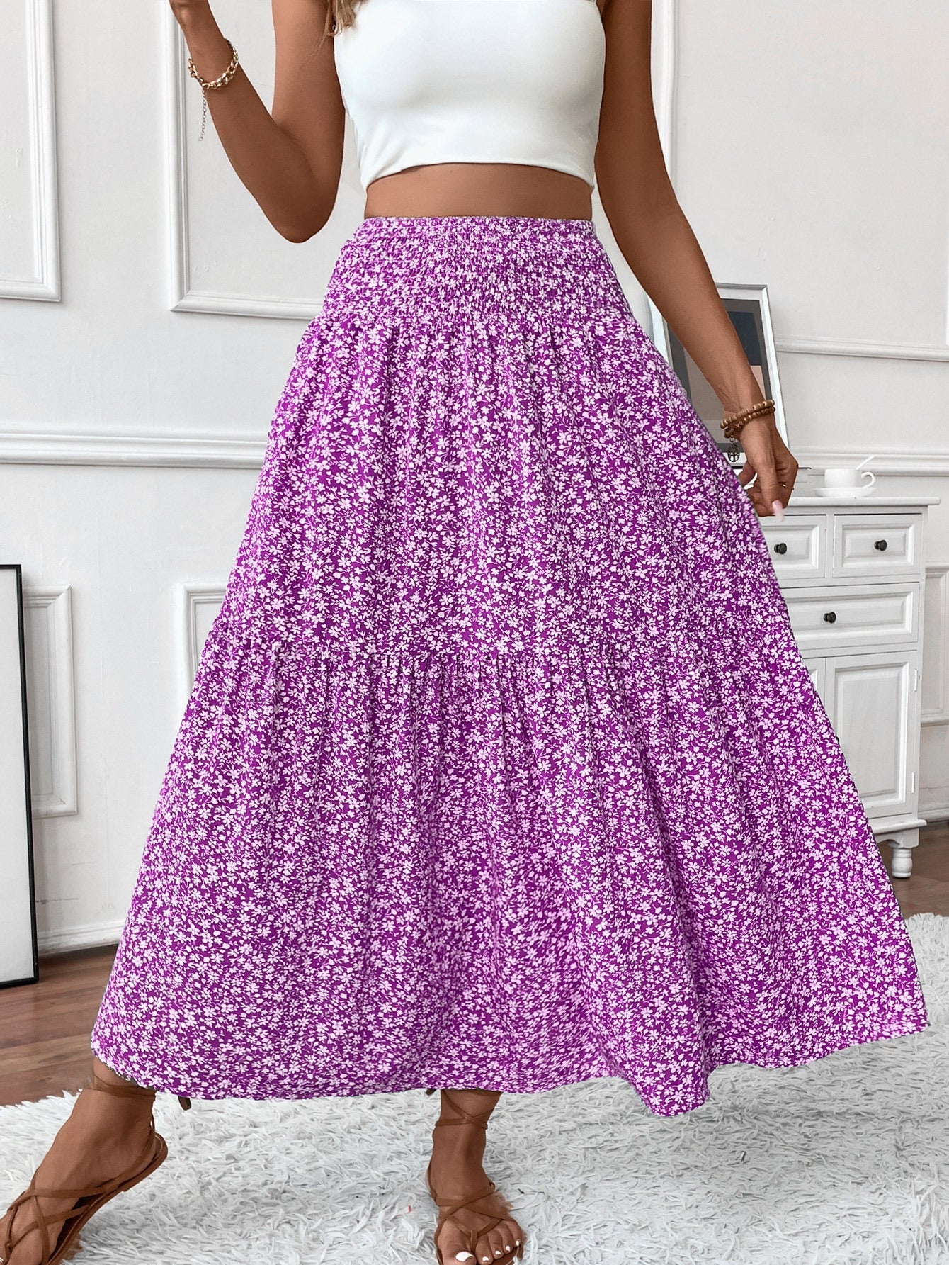 Small Floral Three-layer Long Patchwork Skirt - Purple Flower / S