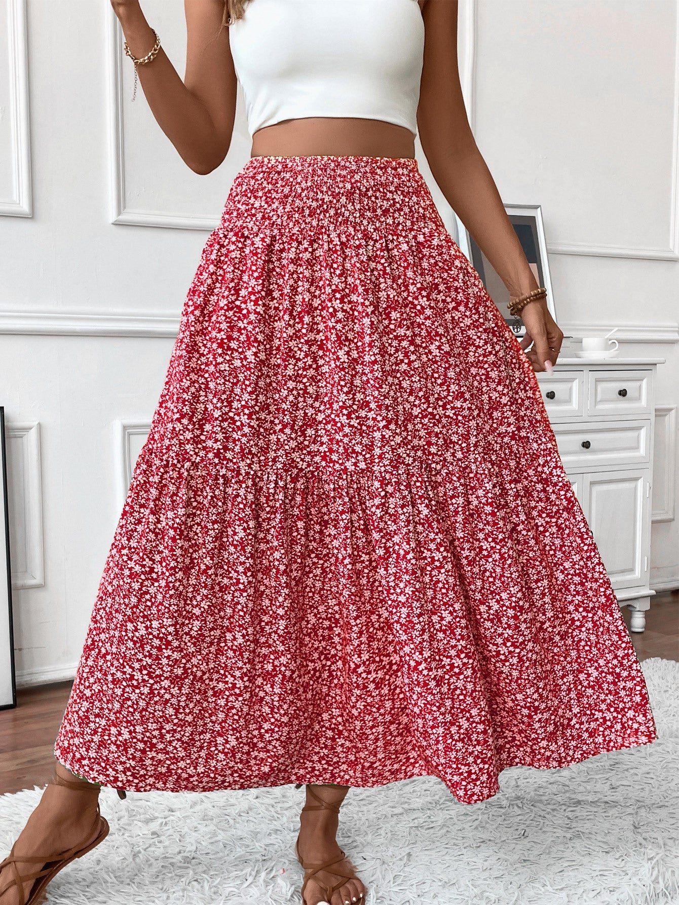 Small Floral Three-layer Long Patchwork Skirt - Red Flower / S