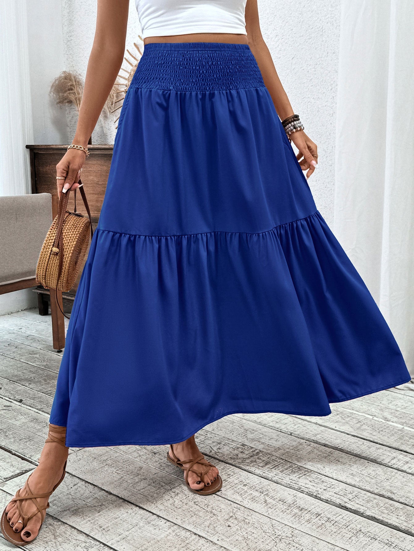 Small Floral Three-layer Long Patchwork Skirt - Sapphire Blue / S