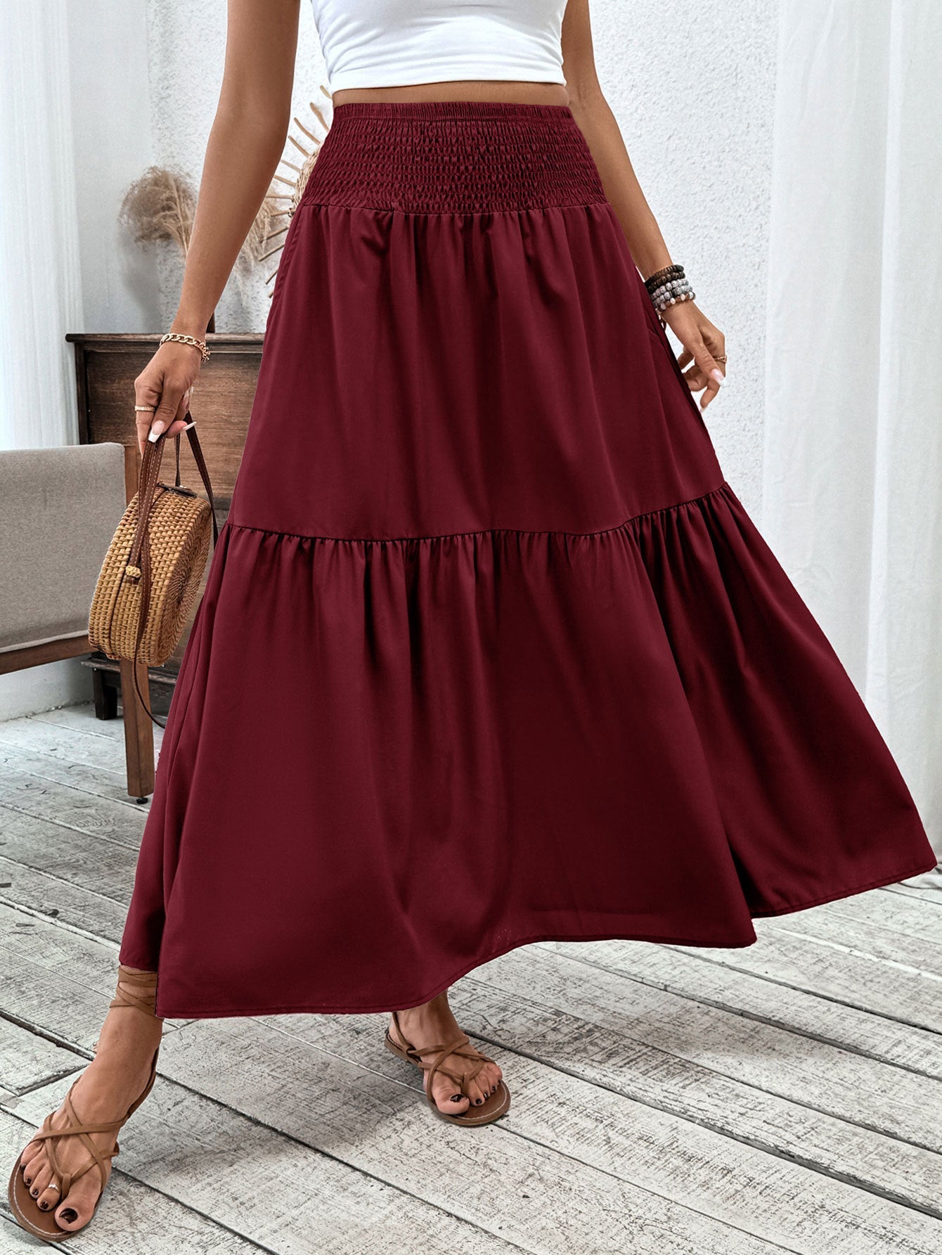 Small Floral Three-layer Long Patchwork Skirt - Wine Red / S