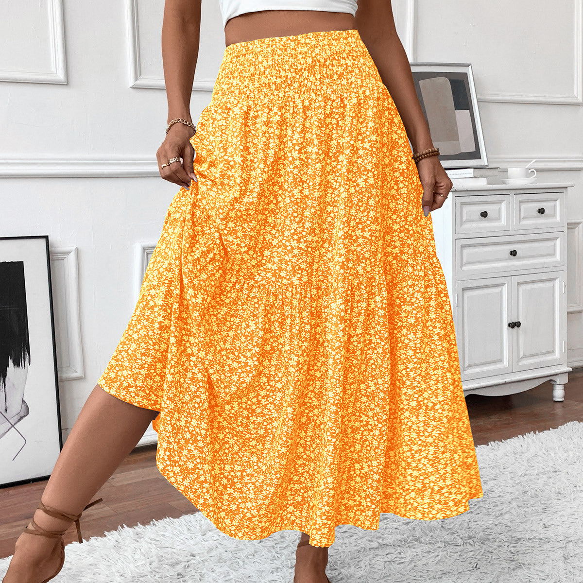 Small Floral Three-layer Long Patchwork Skirt - Yellow Flower / S