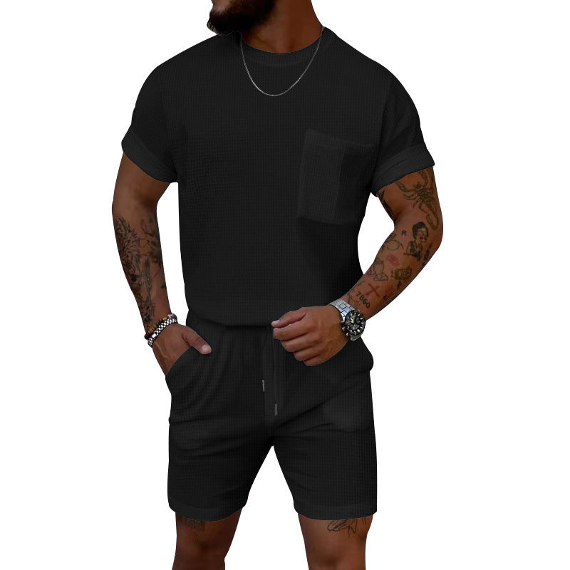 Waffle Round Neck Pocket Short-sleeved Shorts Casual Sports Suit - Black / S
