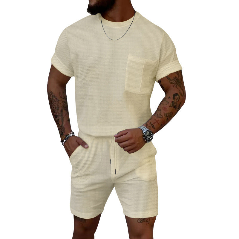 Waffle Round Neck Pocket Short-sleeved Shorts Casual Sports Suit - Khaki / S