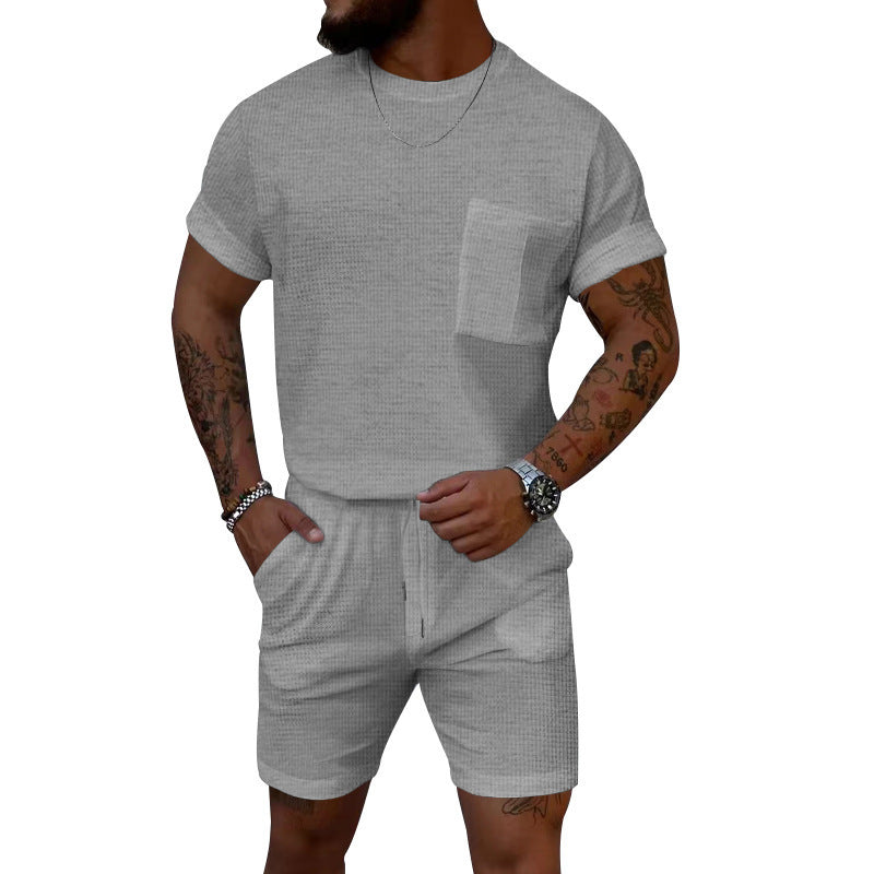 Waffle Round Neck Pocket Short-sleeved Shorts Casual Sports Suit - Light Gray / S