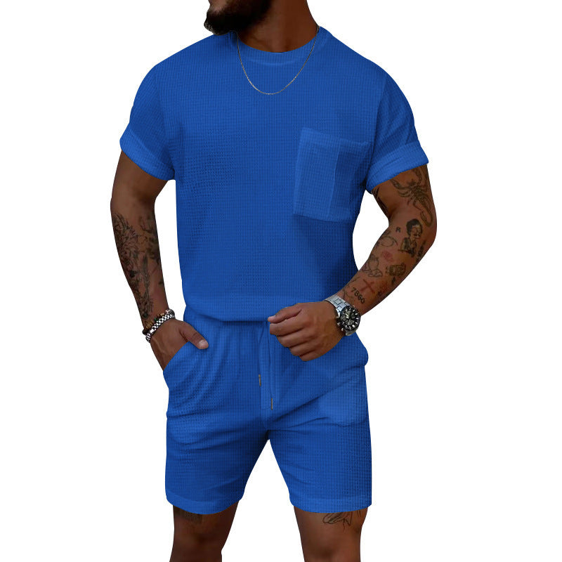 Waffle Round Neck Pocket Short-sleeved Shorts Casual Sports Suit - Sapphire Blue / S
