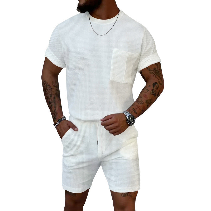 Waffle Round Neck Pocket Short-sleeved Shorts Casual Sports Suit - White / S