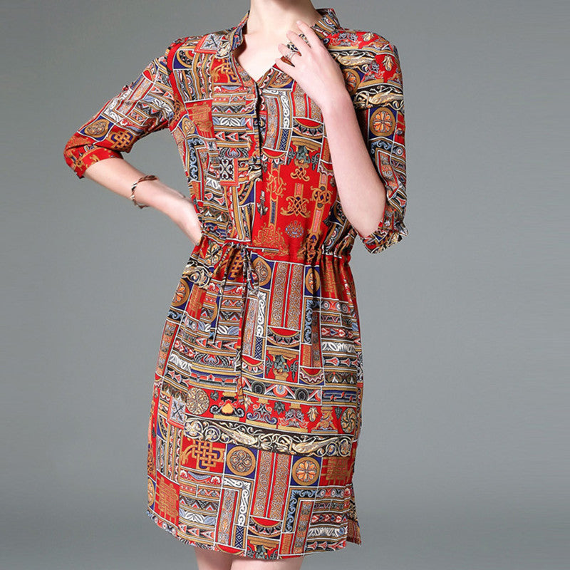 Ladies Vintage Print Stitching Slim Shirt Dress - Red / XXS