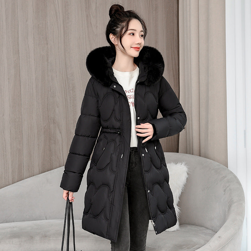 Women’s Waist Slimming Fur Collar Cotton Coat - Black / M