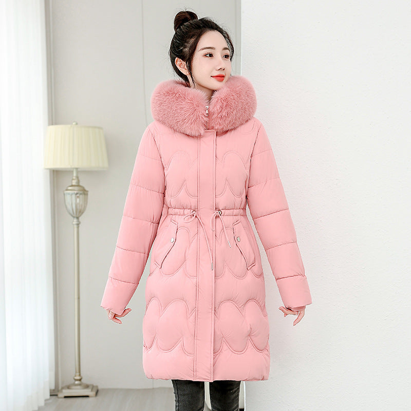 Women’s Waist Slimming Fur Collar Cotton Coat - Pink / M