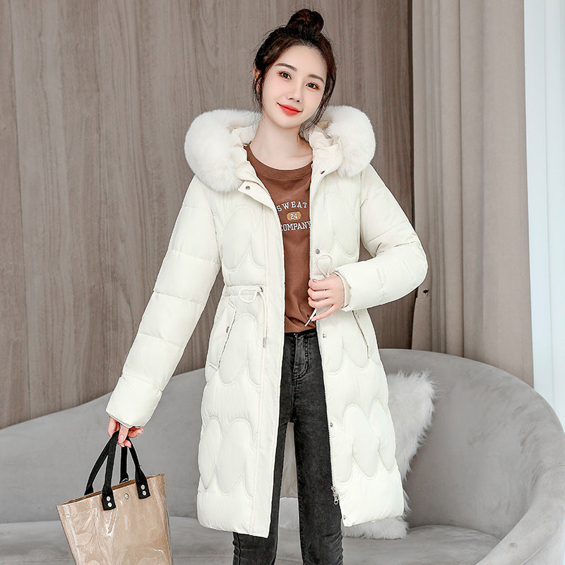 Women’s Waist Slimming Fur Collar Cotton Coat - White / M