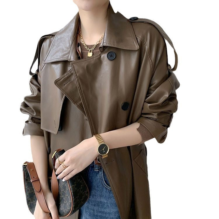 Retro Women’s Mid-length Waist Slimming Pu Coat